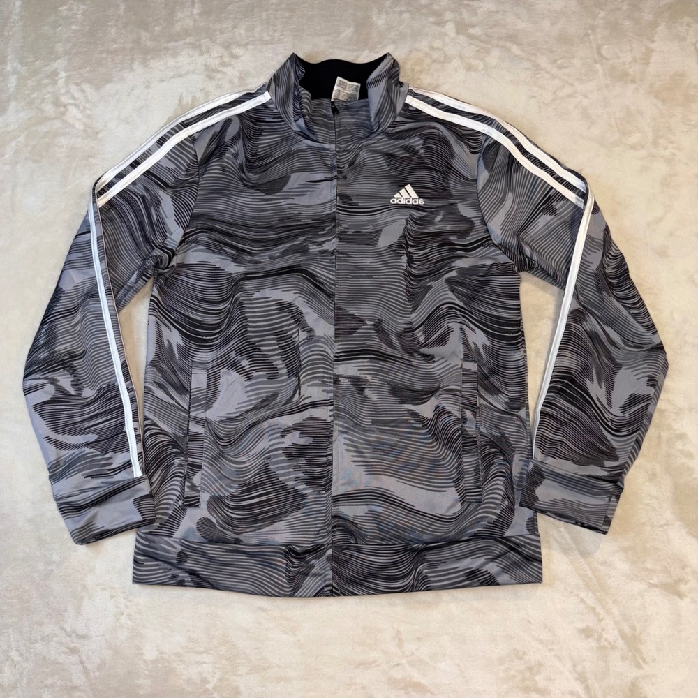Adidas Boys Track Jacket Grey Black Wave Pattern Zip Up Size L 14/16